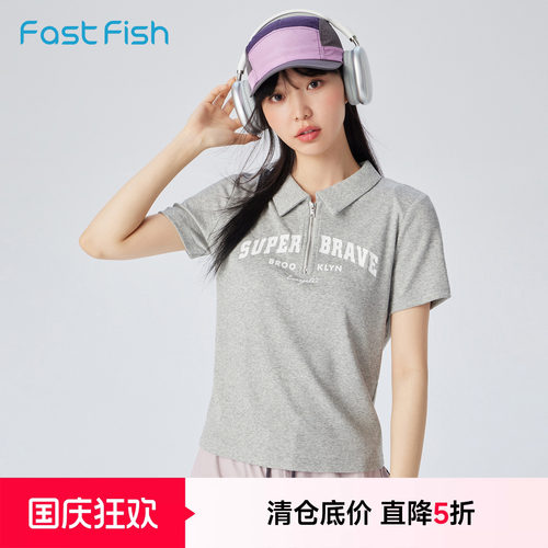 快鱼女2026年夏季新款印花修身舒适基础百搭POLO衫日常简约女短袖