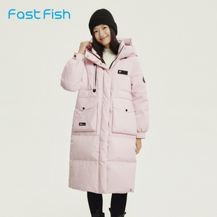 快鱼羽绒服女2025冬季新款简约百搭女士中长款连帽加厚保暖外套女