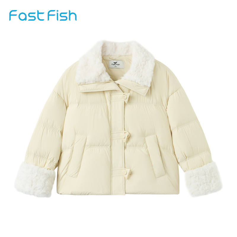 快鱼2025冬季泡芙羽绒服女短款加厚保暖毛绒翻领三角扣女士羽绒服
