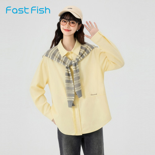 快鱼2026夏季学院风带披肩衬衫女长袖新款薄款高级感宽松上衣衬衣