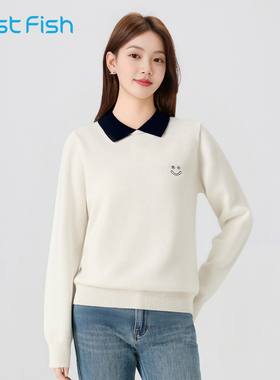 快鱼毛衣女2025新款冬装简约刺绣翻领上衣宽松舒适慵懒风休闲女装