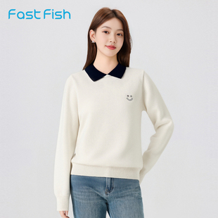快鱼毛衣女2025新款冬装简约刺绣翻领上衣宽松舒适慵懒风休闲女装