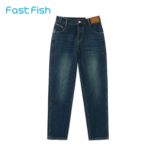 快鱼2025年冬季女新款经典半松紧锥形牛仔裤休闲风牛仔裤子