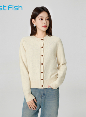 快鱼2025冬季圆领长袖时尚软糯针织开衫外套新款简约百搭毛衣