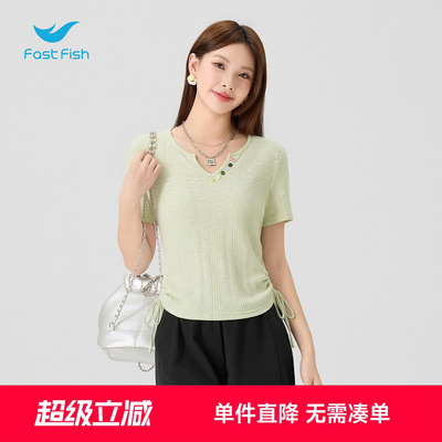 快鱼设计感小众抽绳收腰显瘦T恤