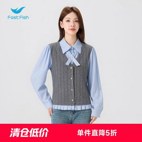 快鱼学院风假两件拼接衬衫女夏季针织马甲蝴蝶结翻领长袖百搭上衣