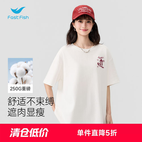 快鱼小猫刺绣女士圆领T恤2026年夏季新款宽松舒适休闲百搭短袖