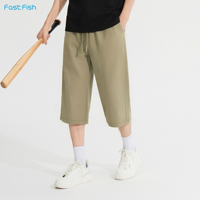 快鱼2026年夏季男高弹透气七分休闲裤月牙口袋松紧腰百搭直筒中裤
