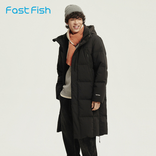 快鱼长款羽绒服男2025年冬新款时尚连帽保暖极寒加厚过膝加长外套