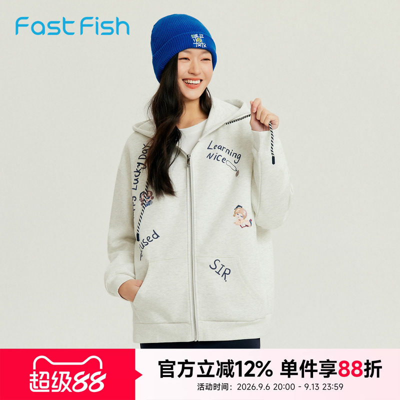 快鱼春季开衫连帽卫衣外套女2026新款卡通印花宽松韩版休闲上衣图片
