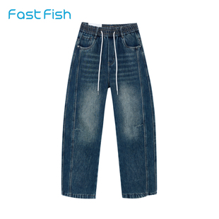 快鱼牛仔裤男冬季新款加厚复合奥利绒保暖防寒阔腿裤男士加绒裤子