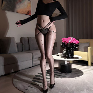 【吾点娇柔】性感交叉绑带波点连裤袜女神超薄油亮黑丝丝袜