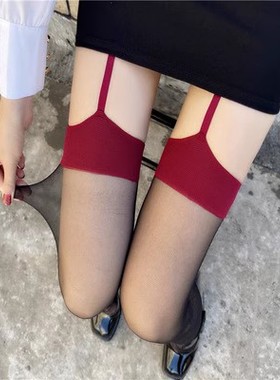 吊带丝袜女性感红边一体蕾丝情调过膝美腿网红黑色中筒长筒袜黑丝