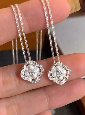 足银990拉丝梅花项链两色镶钻新中式小众精致吊坠百搭奢华锁骨链