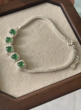 足银990纯银手链祖母绿翡翠镶钻女款时尚百搭饰品礼物送女友闺蜜
