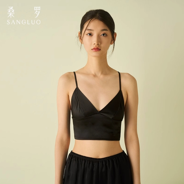 美背文胸』桑罗真丝内衣桑蚕丝吊带上衣内搭外穿背心式显瘦带胸垫