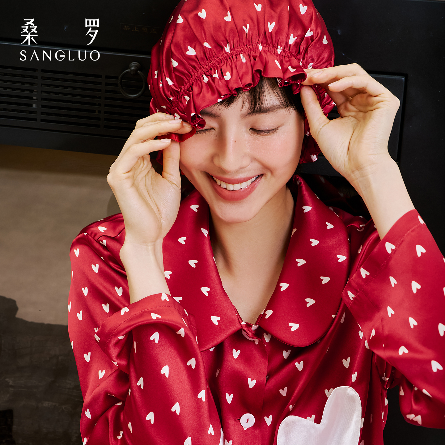 红运当头』桑罗爱心印花100%桑蚕丝发帽氨基酸呵护秀发礼盒送礼