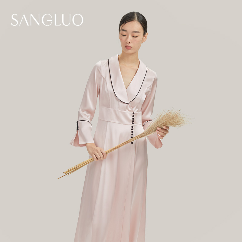 sangluo桑罗100%真丝睡袍长款青晨袍桑蚕丝柔滑睡衣果领宫廷风