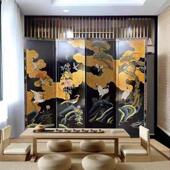 定制中试复古屏风黑底花鸟小众折屏工艺客厅隔断茶室玄关遮挡折叠