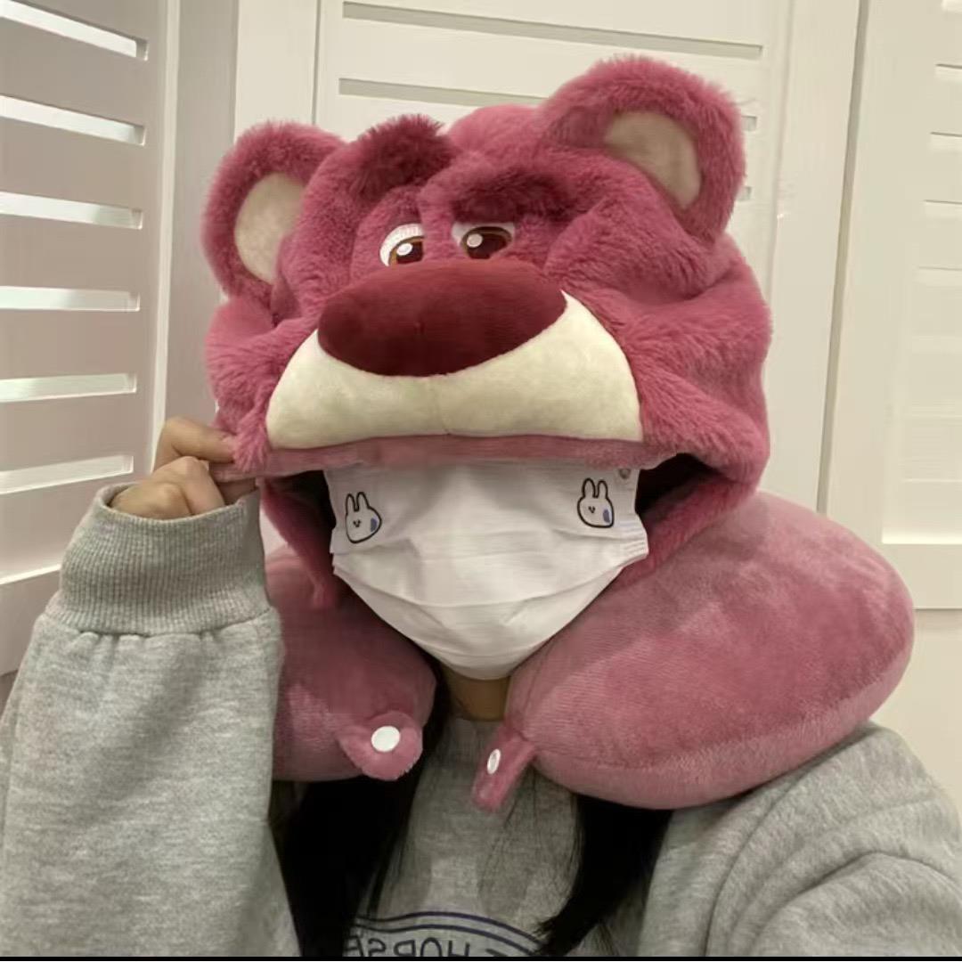 U型枕女ins可爱草莓熊午睡枕助眠遮光护颈枕护脖子圈可水洗带帽子
