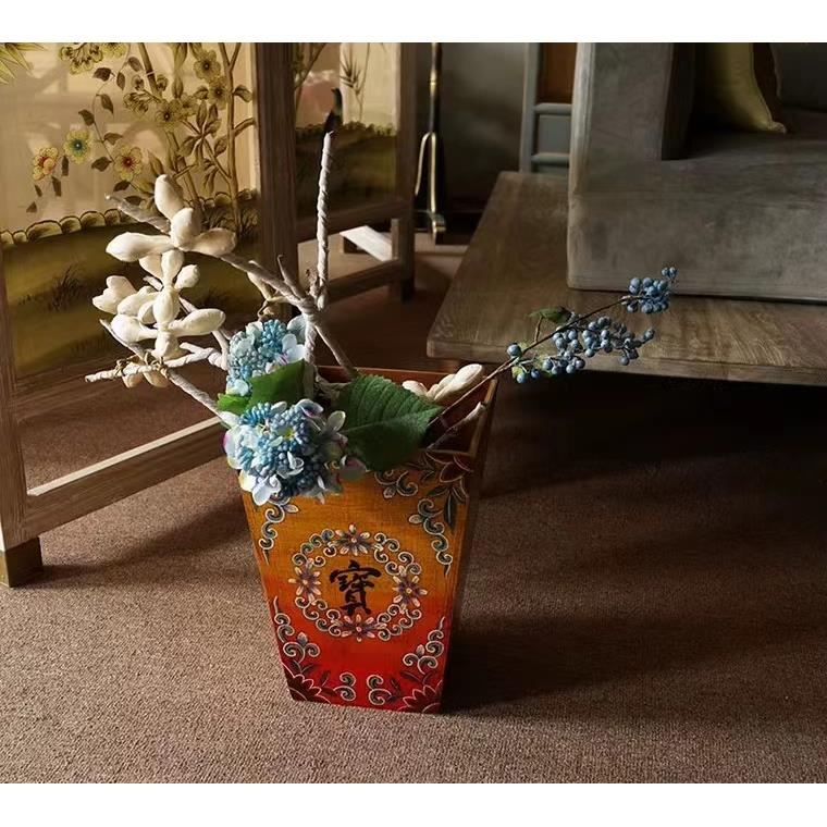 实木插花桶 收纳书房垃圾桶 中式彩绘日进斗金开业礼品