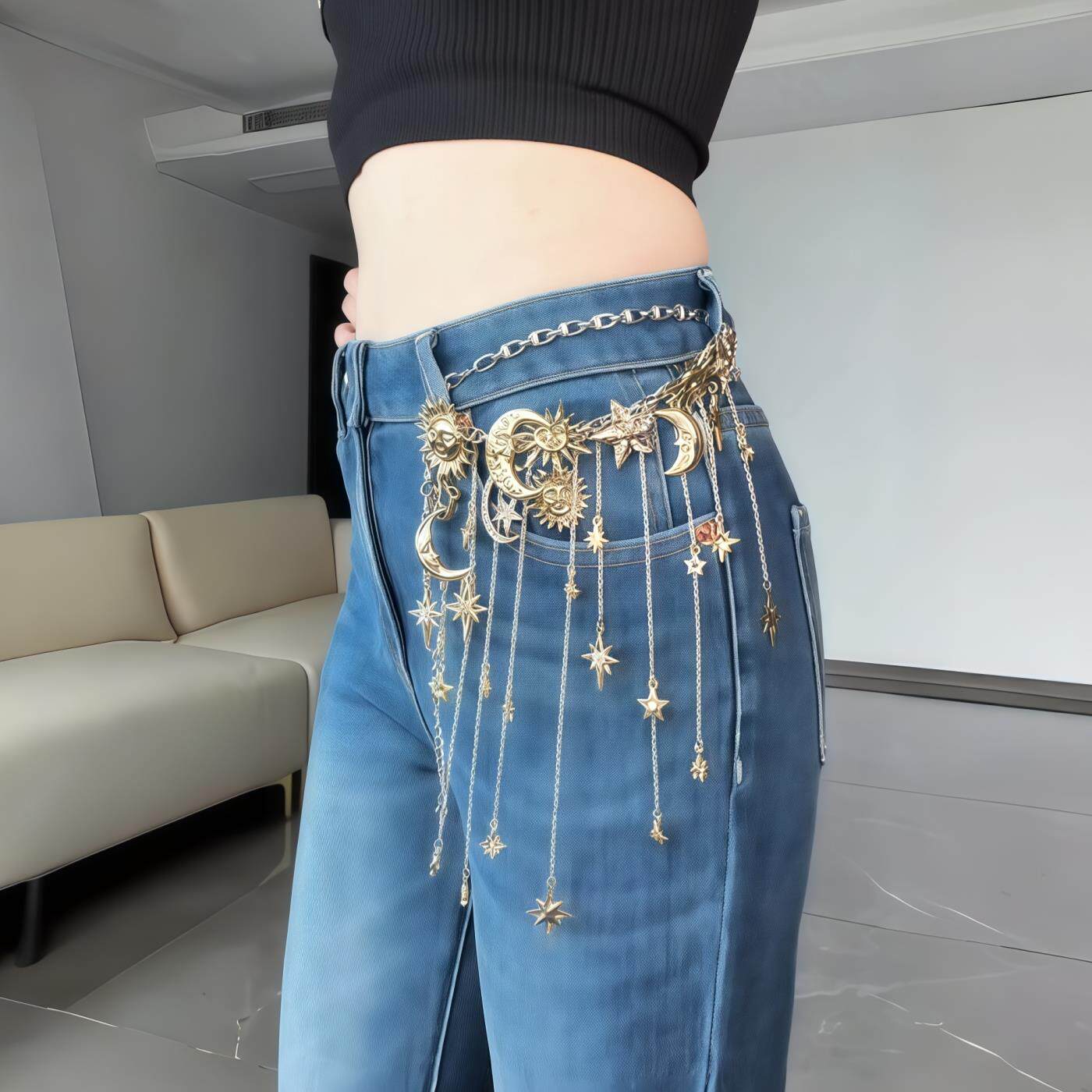 金属链条腰链女太阳月亮星星流苏屁帘爵士舞演出腰带个性头饰臂挂