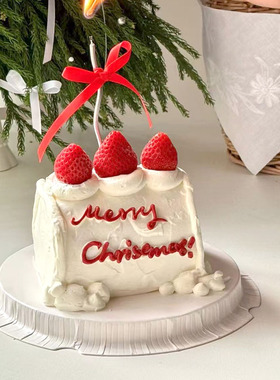 简约圣诞节草莓蛋糕MerryChristmas红色丝带蜡烛摆件烘焙装饰用品