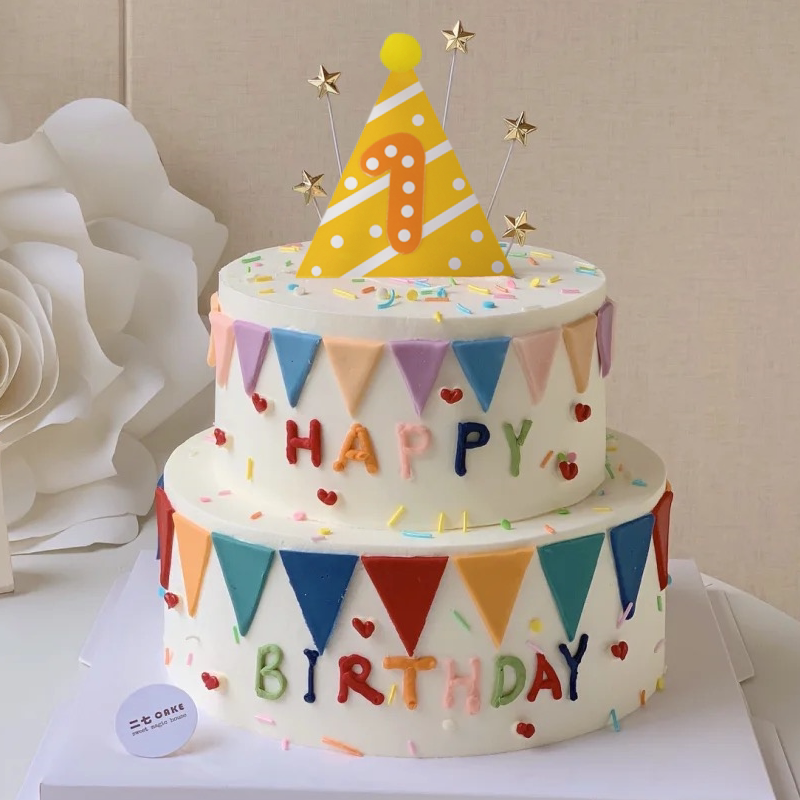 网红三角帽蛋糕装饰宝宝生日1周岁店庆一周年甜品台插卡插牌插件