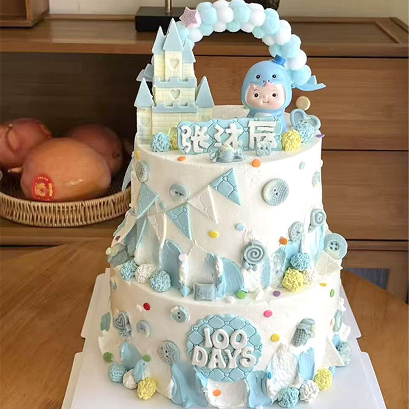 蓝色蛇宝宝满月百天蛋糕装饰烘焙