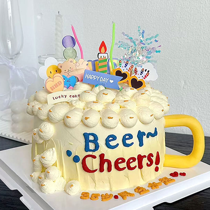 创意可爱啤酒造型蛋糕女生男生ins插件搞怪小熊蜡烛装饰装扮品