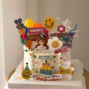 可爱复古韩系蛋糕笑脸小熊插件happy插牌氛围感气球蜡烛烘焙甜品