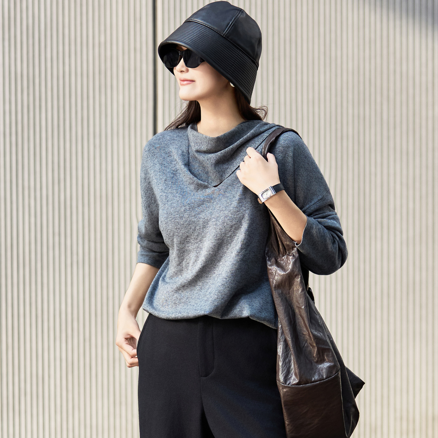 羊毛灰色针织衫女飘带打底衫上衣