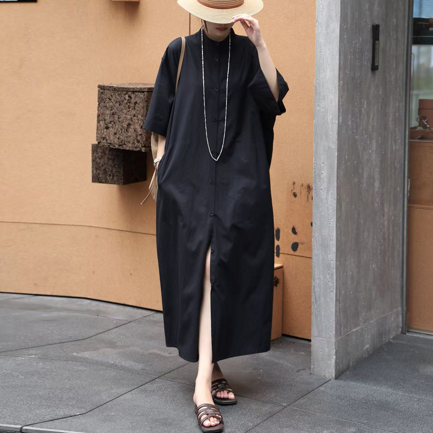 黑色宽松长款立领衬衫连衣裙
