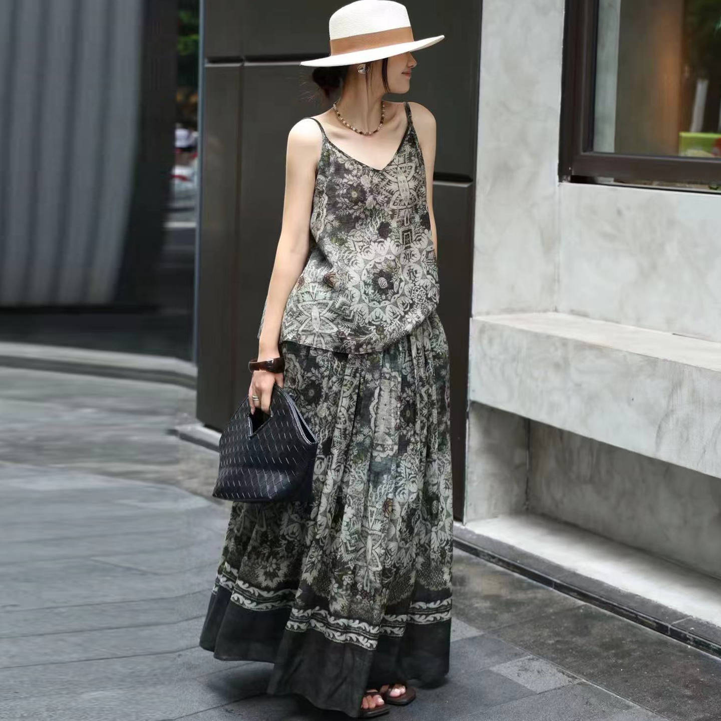 新中式复古两件套吊带上衣套装裙