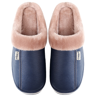 【防水皮面】男士酷趣棉拖鞋冬季室内家用防滑厚底保暖软底皮拖鞋