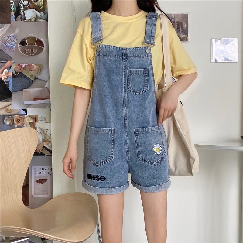 刺绣牛仔背带裤短裤女2025年春秋季新款宽松显瘦设计感连体裤潮