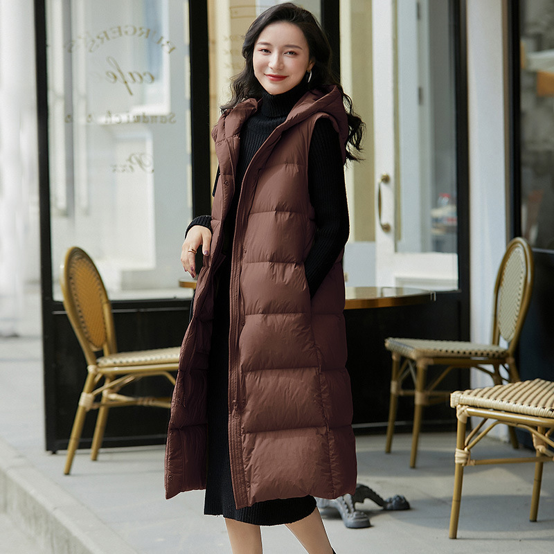 羽绒马甲女2023秋冬马夹外套羽绒背心女外穿羽绒坎肩女装长款连帽