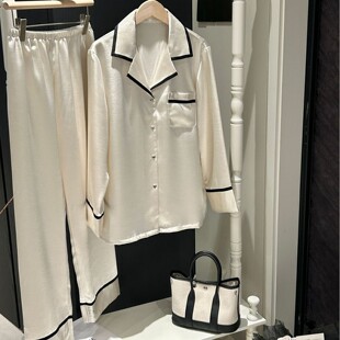 仿真丝纯色高级冰丝简可外穿家居服法式 新款 春秋季 醋酸睡衣女套装