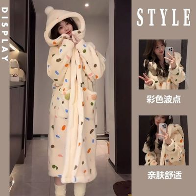 珊瑚绒睡袍可爱甜美彩色点睡衣女冬季加绒加厚长款睡裤套装可外穿