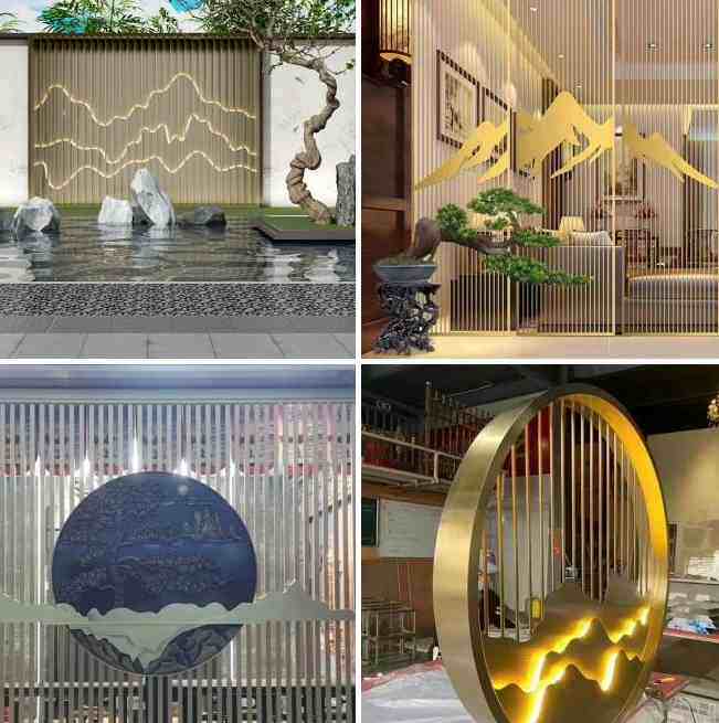 不锈钢屏风隔断酒店轻奢玄关户外背景墙山水金属酒楼别墅背景墙