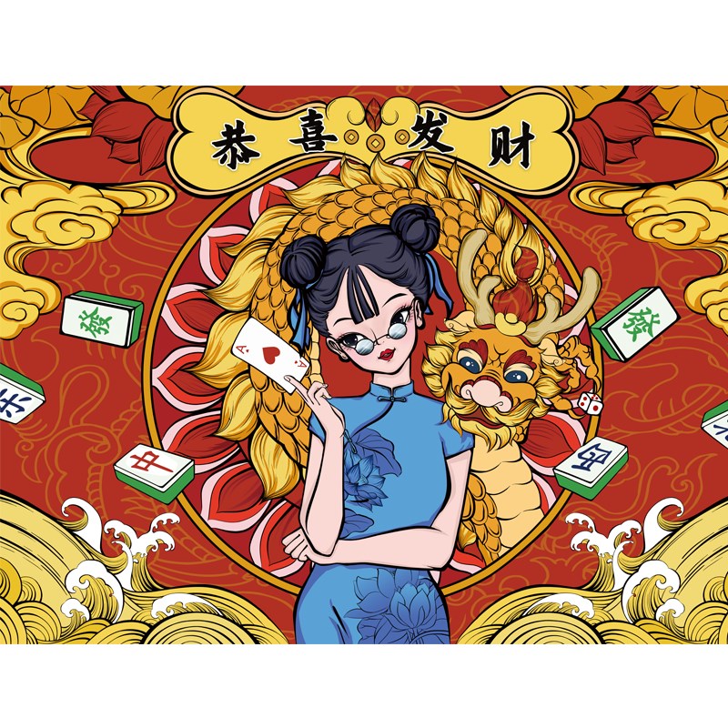 国潮麻将馆墙纸自拍馆棋牌室壁画台球厅装饰画复古风麻将主题壁纸