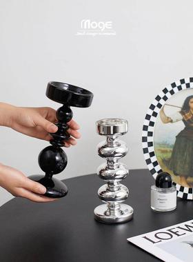 陌歌ins法式玻璃烛台北欧圣诞轻奢简约居家黑色银色覆古装饰摆件