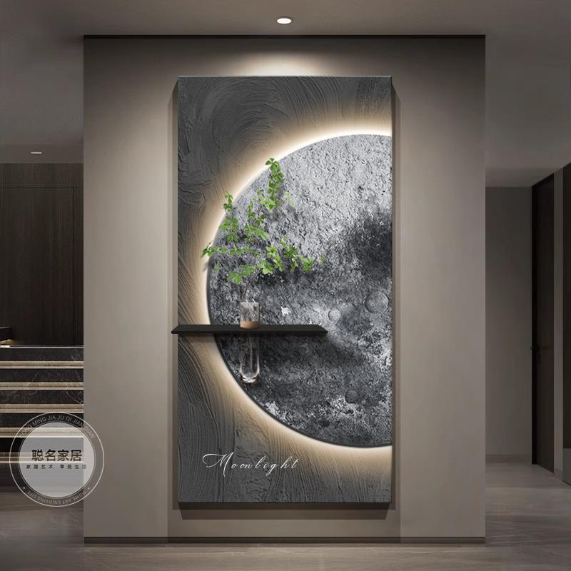 水培绿植玄关装饰画现代高档月球壁画轻奢高级感走廊过道尽头挂画