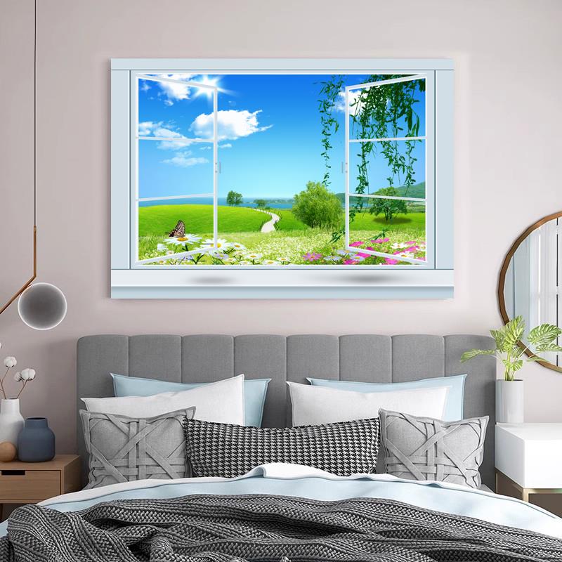 客厅装饰画卧室床头挂画海景假窗户风景单幅无框画玄关餐厅壁画图片