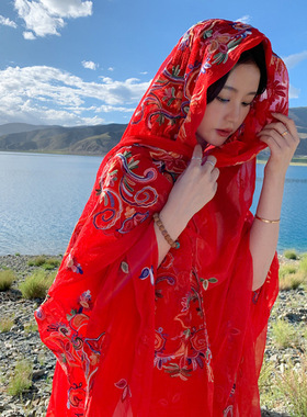 民族风夏季防晒沙漠旅游披肩海边沙滩丝巾薄款度假围巾披肩红色女