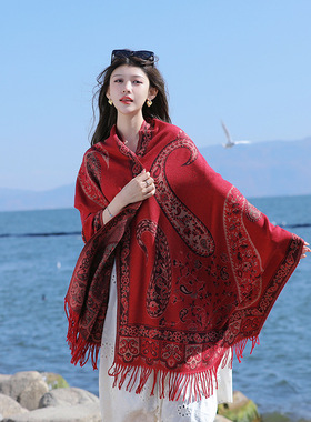 名族风夏季云南穿搭西藏旅游拍照红色披肩丝巾沙漠防风保暖围巾女