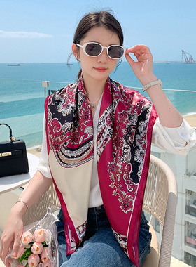 氛围感红色腰果花丝巾90CM仿真丝方巾女领巾海边包头围巾防晒披肩