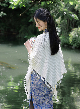 清新文艺流苏百搭旗袍披肩薄空调披肩镂空外搭配旗袍开衫白色披肩