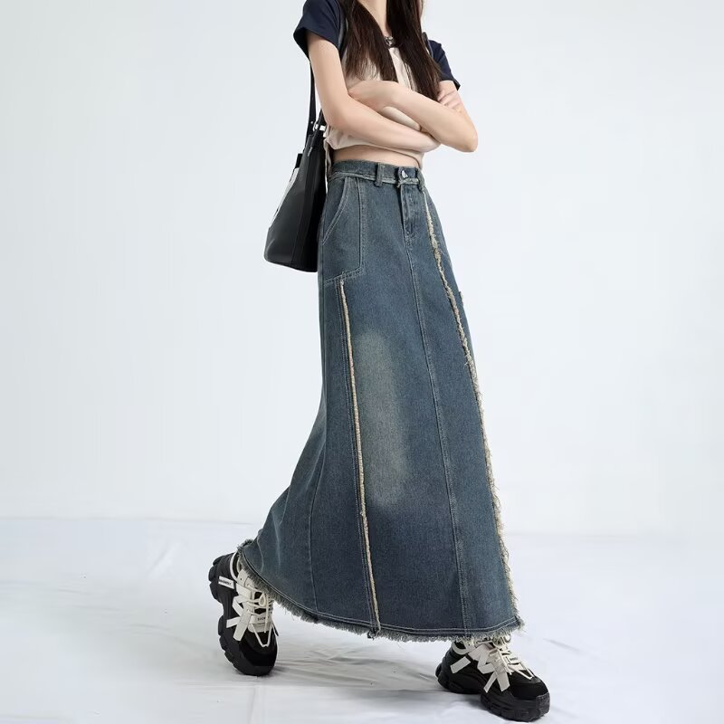 长款高腰毛边拼接牛仔裙半身裙女春秋包臀显瘦后开叉a字裙