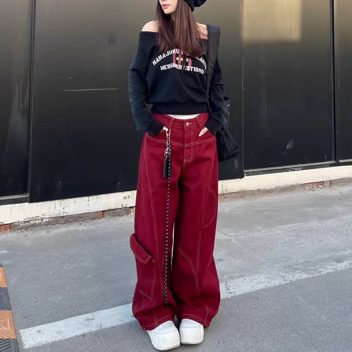 红色裤子牛仔裤女2025春秋新款国潮解构弯刀设计感宽松拖地裤bf潮